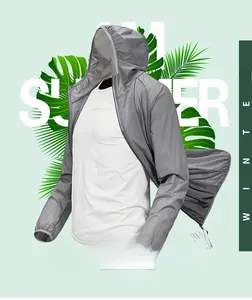 Detail of lightweight breathable gray hooded sun protection skin coat for summer