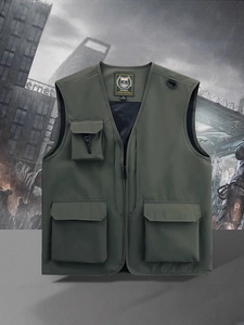 Herren Outdoor Multi-Taschen Utility Weste Polyester Schnelltrocknend Netzfutter V-Ausschnitt Reißverschluss Weste Zum Angeln Fotografie