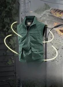 Detail of green utility vest featuring large flap pockets and windproof standing collar