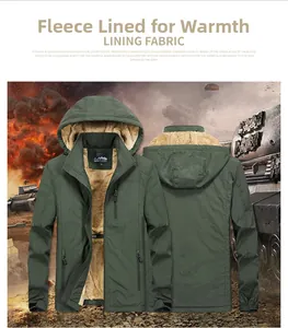 Detail view of army green hooded parka with warm khaki fleece lining and multi-pocket design