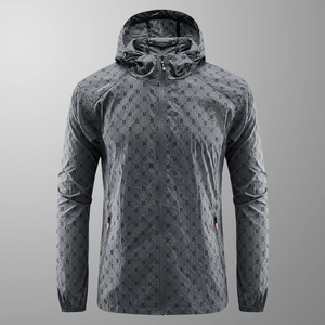 Men's lightweight hooded sun protection jacket with B-monogram print in grey color