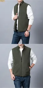 Close-up of army green men's fleece vest with full zipper and functional side pockets