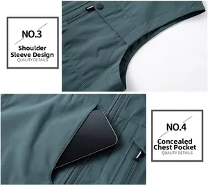 Détail de la veste utilitaire montrant les coutures d'épaule et la poche zippée cachée