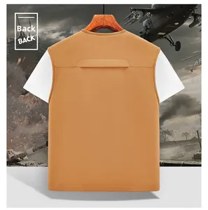 Back view of a casual men's brown multi-pocket fishing vest with functional detailing