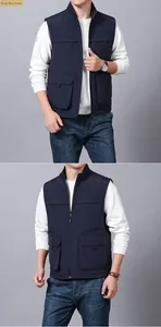 Detail view of navy blue outdoor fishing vest featuring utility pockets and stand collar