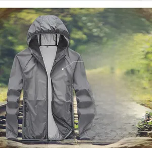 Detail of breathable fabric with UPF 40 plus protection on grey hooded sun jacket