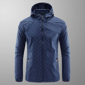 Men's lightweight hooded sun protection jacket with navy blue letter B pattern print