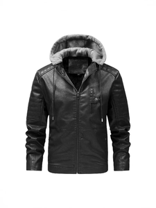 Veste en Cuir PU Vintage pour Hommes Capuche Amovible Hiver Doublé Polaire Chaud Coupe Vent Manteau de Motard Fermeture