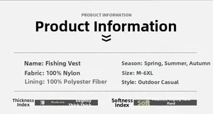 Detailed size chart for men's outdoor fishing vest showing 100% nylon material info