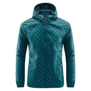 Men's turquoise hooded sun protection jacket with all-over B letter print and front zip