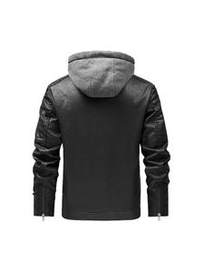 Veste de moto homme en cuir PU noir d'hiver avec capuche amovible et poignets zippés