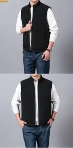 Rear view of black fleece vest with stand collar and zipper for men's casual wear
