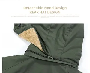 Detail of detachable hood zipper and warm camel fleece lining on men's winter parka
