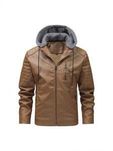 Veste rétro homme en similicuir marron avec capuche amovible et doublure polaire