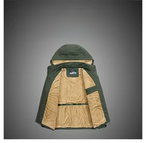 Detail view of khaki thick fleece lining inside the army green men's hooded jacket