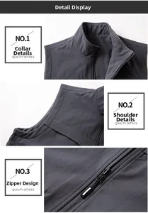 Detail view of stand collar, smooth shoulder cut and durable zipper on men's outdoor vest