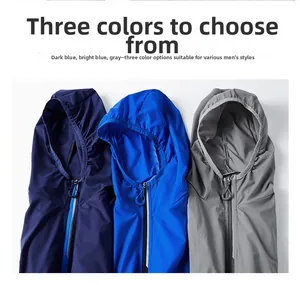 Detail view of lightweight sun protection hoodies in navy blue, royal blue, and grey colors