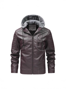 Veste en cuir bordeaux pour homme avec capuche, doublure coupe-vent et détails matelassés