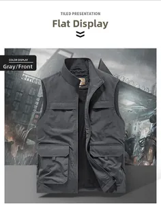 Detail of multi-pocket tactical vest with stand collar and mesh lining in dark grey