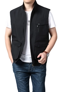 Gilet de Travail d'Extérieur pour Hommes Col Montant Multi-poches Gilet de Pêche Léger Fermeture Éclair Veste sans Manches Casual Utility