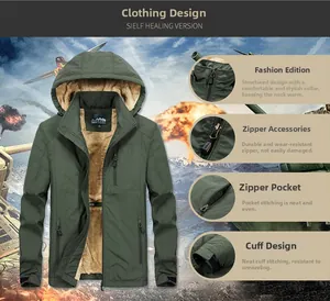 Detail view of winter hooded jacket showing zipper pockets and lamb wool lining