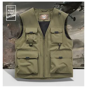Detailed view of durable army green tactical vest featuring multiple pockets and D-rings