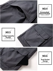 Detail view of the deep grey fishing vest showing hidden chest pocket and large storage capacity