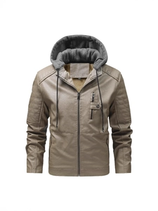 Veste homme vintage en similicuir kaki avec capuche grise et doublure polaire chaude