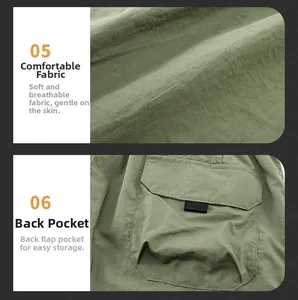 Detail of green cargo shorts featuring breathable fabric and a rear flap pocket design