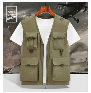 Detail of army green tactical vest featuring multiple utility pockets and D-ring hooks