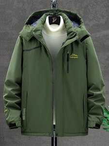Veste à capuche imperméable pour homme en vert armée avec doublure polaire et broderie outdoor