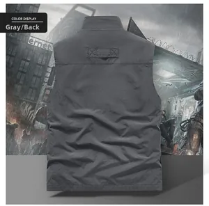 Back view of a grey outdoor utility vest with multi-pocket design and durable fabric