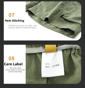 Detail of cargo shorts stitching and 100% nylon material label for outdoor sports