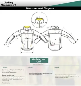 Detailed sizing chart and washing instructions for hooded sun protection jacket