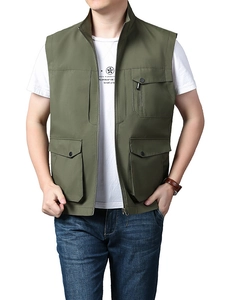 Gilet de travail cargo pour homme vert armée avec poches multiples et col montant