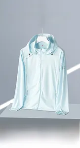 Detail of lightweight UV protection jacket showing UPF 50+ sleeve logo and zipper pocket
