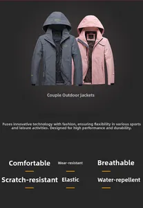 Detail of waterproof outdoor jackets for couples showing windproof fabric and adjustable hood