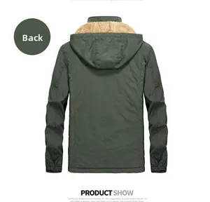 Rear view of dark green thermal parka with thick fleece hood and elastic windproof cuffs