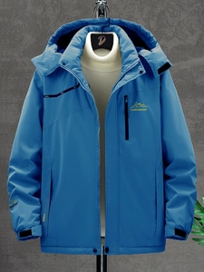Veste de randonnée bleue imperméable à capuche pour homme avec broderie et tissu technique