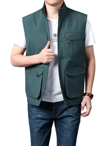 Gilet de photographie extérieur homme vert foncé avec plusieurs poches et fermeture éclair