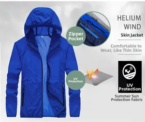 Detail view of men's blue sun protection jacket featuring secure zippered side pockets