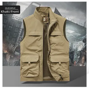 Detail of khaki outdoor tactical vest with multi-pockets and breathable mesh lining
