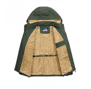 Detail of windproof green parka with warm thick fleece lining and hooded design