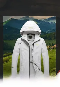 White men's windproof jacket with adjustable cuffs and outdoor sport logo detail
