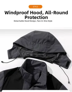 Détail de veste outdoor imperméable avec capuche amovible coupe-vent et fermeture éclair