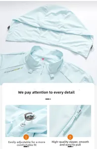 Detail of light blue sun protection jacket with adjustable drawstring and MOVE SPORT logo