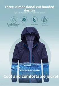 Men's dark blue hooded sun protection jacket with quick-dry and breathable elastic fabric