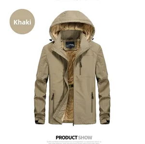 Detail view of khaki parka jacket with warm fleece lining and windproof fabric