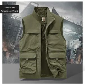 Close-up of military green outdoor vest with mesh lining and utility pockets