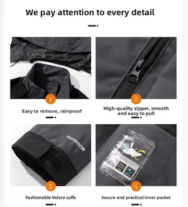 Détails des poignets ajustables, du zip et de la capuche sur cette veste outdoor